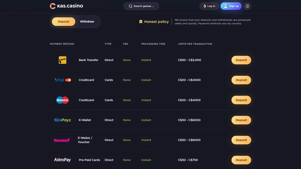 kas casino payments