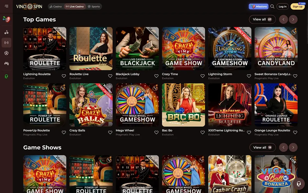 Vincispin Live Casino