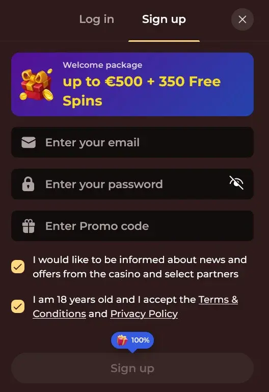 Vincispin casino Registration Form
