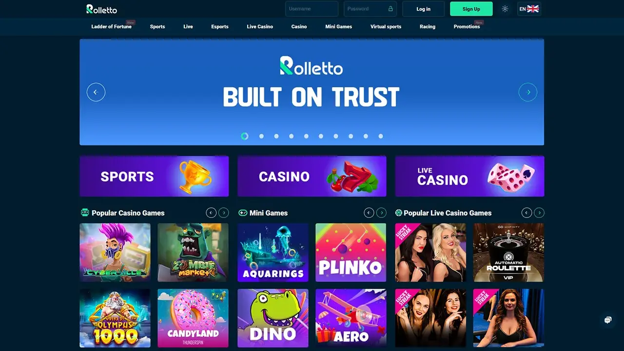 Interface of the Rolletto platform showing wallet and game sections