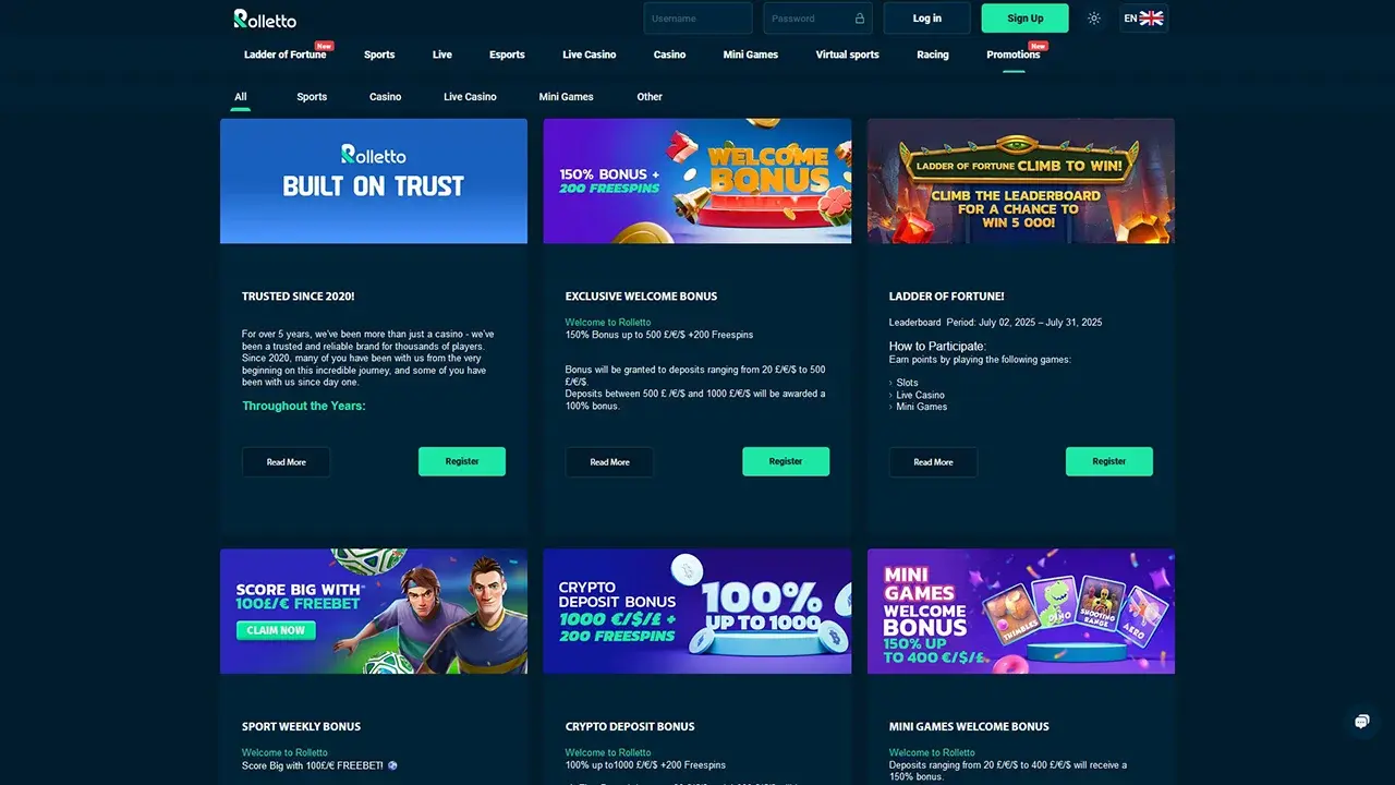 Rolletto Casino promotional interface showing login area