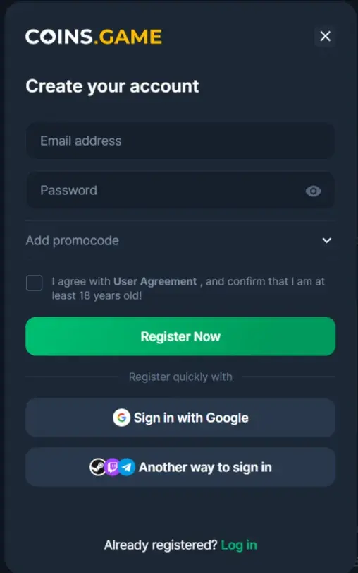 Coins.Game Casino Registration Form