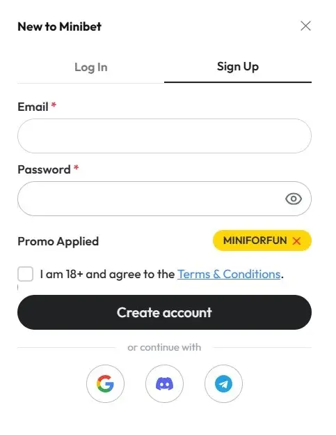 Minibet Casino Registration Form