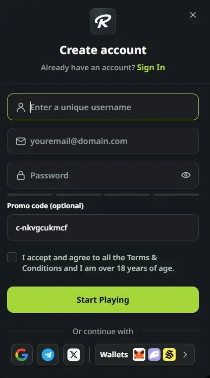 Racby Casino Registration Form